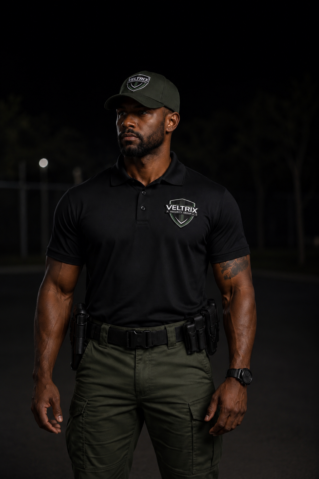 Veltrix Security Group team member standing beside a patrol vehicle